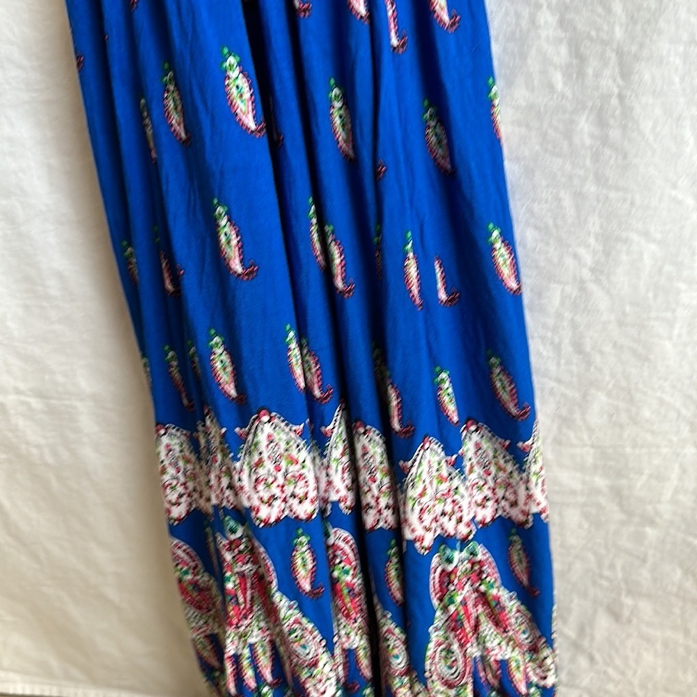 Royal blue print maxi halter dress with faux leather tie, size XS/S - Picture 8 of 9